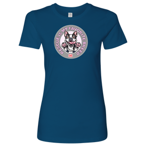 Next Level Womens blue Shirt featuring the OMG You're Home! Boston Terrier design with "Rescue is my favorite breed"