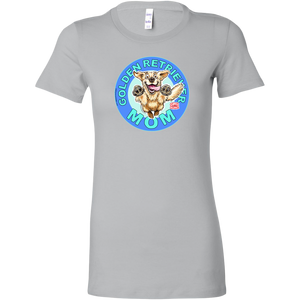 A women's light grey t-shirt featuring the OMG You're Home! Golden Retriever artwork 