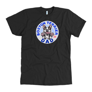 A men's black t-shirt featuring the original OMG You're Home Boston Terrier dog design on the front