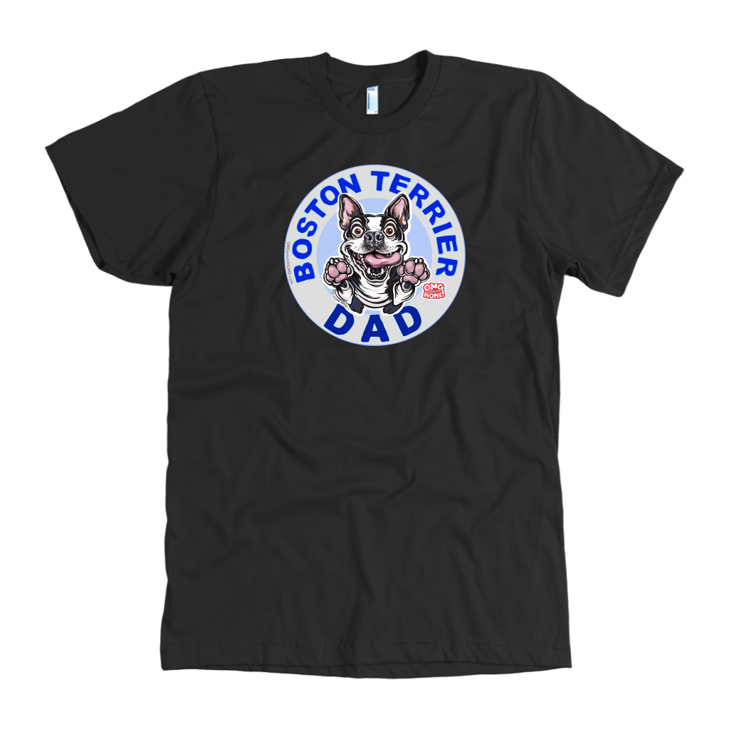 A men's black t-shirt featuring the original OMG You're Home Boston Terrier dog design on the front