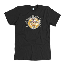 Load image into Gallery viewer,  a mens black golden retriever t-shirt featuring the original Golden Retriever artwork by OMG You&#39;re Home on the front