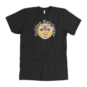  a mens black golden retriever t-shirt featuring the original Golden Retriever artwork by OMG You're Home on the front