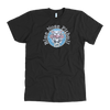 The front view of a men's black t-shirt featuring the OMG blue nose pit bull design on the front in full color