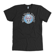 Load image into Gallery viewer, The front view of a men&#39;s black t-shirt featuring the OMG blue nose pit bull design on the front in full color