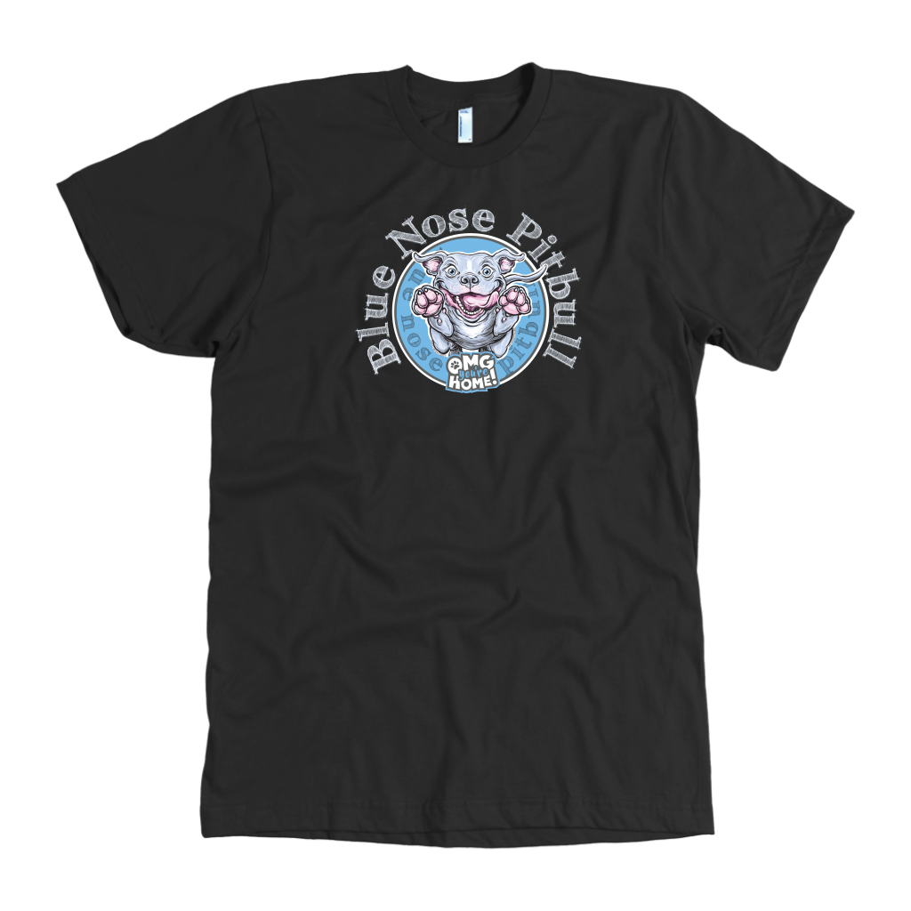 The front view of a men's black t-shirt featuring the OMG blue nose pit bull design on the front in full color