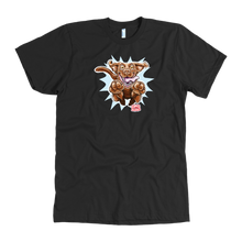 Load image into Gallery viewer, front view of a men&#39;s black t-shirt with the OMG You&#39;re Home Chocolate Labrador Retriever dog design in full color