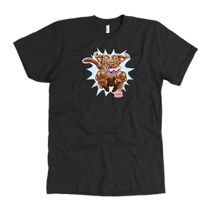 front view of a men's black t-shirt with the OMG You're Home Chocolate Labrador Retriever dog design in full color