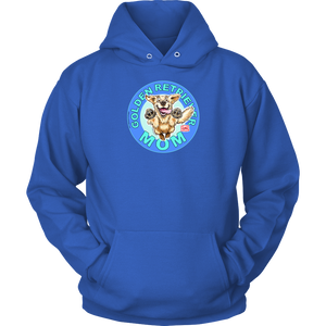 a royal blue hoodie with the golden retriever mom design by OMG You're Home! on the front