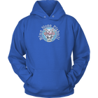 the front view of a royal blue unisex Hoodie featuring the OMG You're Home Blue Nose Pitbull dog design in full color.