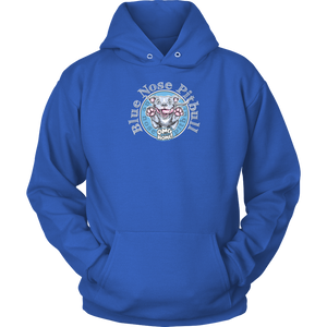 the front view of a royal blue unisex Hoodie featuring the OMG You're Home Blue Nose Pitbull dog design in full color.