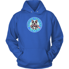 Load image into Gallery viewer, front view of a royal blue hoodie featuring the OMG Boston Terrier dog mom design in full color