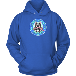 front view of a royal blue hoodie featuring the OMG Boston Terrier dog mom design in full color