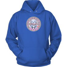 Load image into Gallery viewer, This comfy royal blue hoodie features the OMG You&#39;re Home Blue Nose Pitbull Mom design on the front in full vibrant color. 