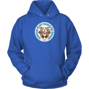 front view of a royal blue hoodie featuring original Red Nose Pitbull rescue artwork by OMG You're HOME!