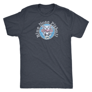 A grey Next Level Mens Triblend dog lover T-shirt featuring the OMG You're Home! Blue Nose Pitbull in full color on the front.