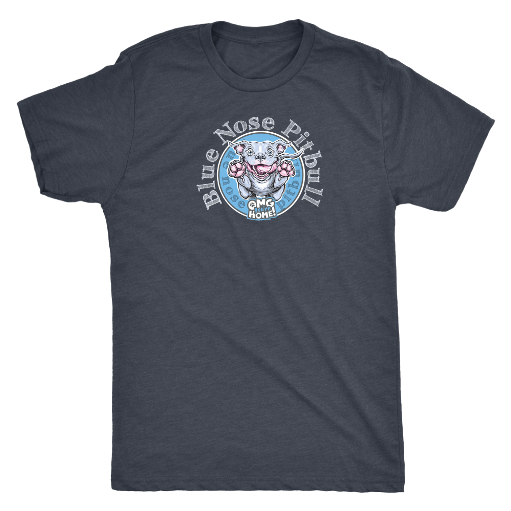 A grey Next Level Mens Triblend dog lover T-shirt featuring the OMG You're Home! Blue Nose Pitbull in full color on the front.