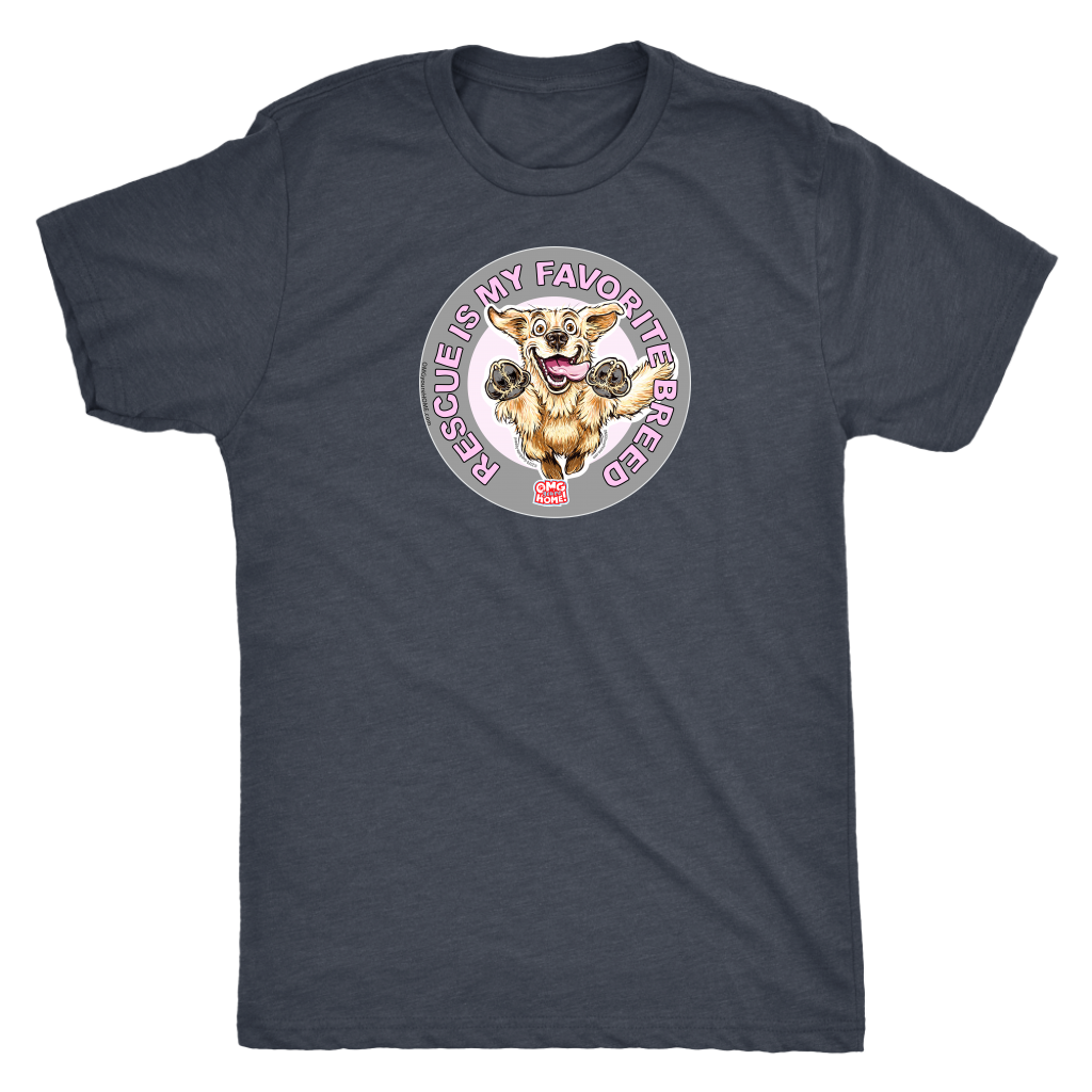 a men's grey t-shirt featuring the original Golden Retriever dog artwork by OMG You're Home! This collection is dedicated to those of us who love and support rescues.