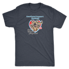 A men's grey triblend shirt by Next Level featuring the original German Shepherd dog artwork by OMG You're HOME! This design has the text "Emotional Support Human" above the German Shepherd. 