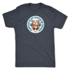 front view of a mens grey Triblend t-shirt by Next Level featuring the original Red Nose Pitbull artwork by OMG You're Home! Part of the 