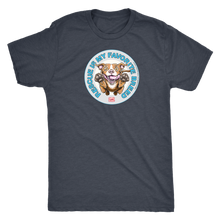 Load image into Gallery viewer, front view of a mens grey Triblend t-shirt by Next Level featuring the original Red Nose Pitbull artwork by OMG You&#39;re Home! Part of the &quot;Rescue is my favorite breed&quot; collection.