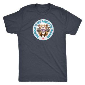 front view of a mens grey Triblend t-shirt by Next Level featuring the original Red Nose Pitbull artwork by OMG You're Home! Part of the "Rescue is my favorite breed" collection.