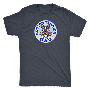   a grey t-shirt with a design of a Boston Terrier dog dad from OMG You're Home