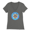 a women's grey v neck shirt with the OMG You're Home! German Shepherd dog mom design on the front