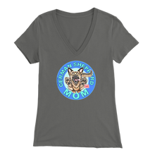 Load image into Gallery viewer, a women&#39;s grey v neck shirt with the OMG You&#39;re Home! German Shepherd dog mom design on the front