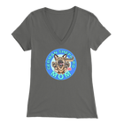 a women's grey v neck shirt with the OMG You're Home! German Shepherd dog mom design on the front