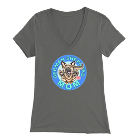 a women's grey v neck shirt with the OMG You're Home! German Shepherd dog mom design on the front