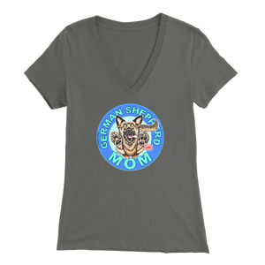 a women's grey v neck shirt with the OMG You're Home! German Shepherd dog mom design on the front