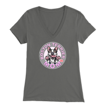 Load image into Gallery viewer, a woman&#39;s grey v-neck shirt with the OMG You&#39;re Home! Boston Terrier dog Mom design on the front