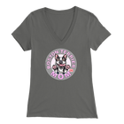a woman's grey v-neck shirt with the OMG You're Home! Boston Terrier dog Mom design on the front