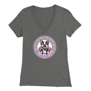 a woman's grey v-neck shirt with the OMG You're Home! Boston Terrier dog Mom design on the front