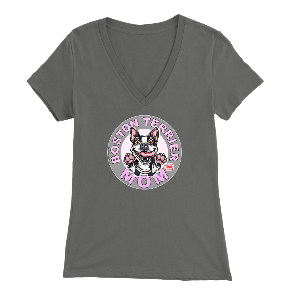 a woman's grey v-neck shirt with the OMG You're Home! Boston Terrier dog Mom design on the front