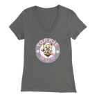 a women's grey v-neck shirt with the OMG You're Home! Yorkie dog mom design on the front