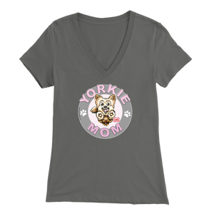 a women's grey v-neck shirt with the OMG You're Home! Yorkie dog mom design on the front