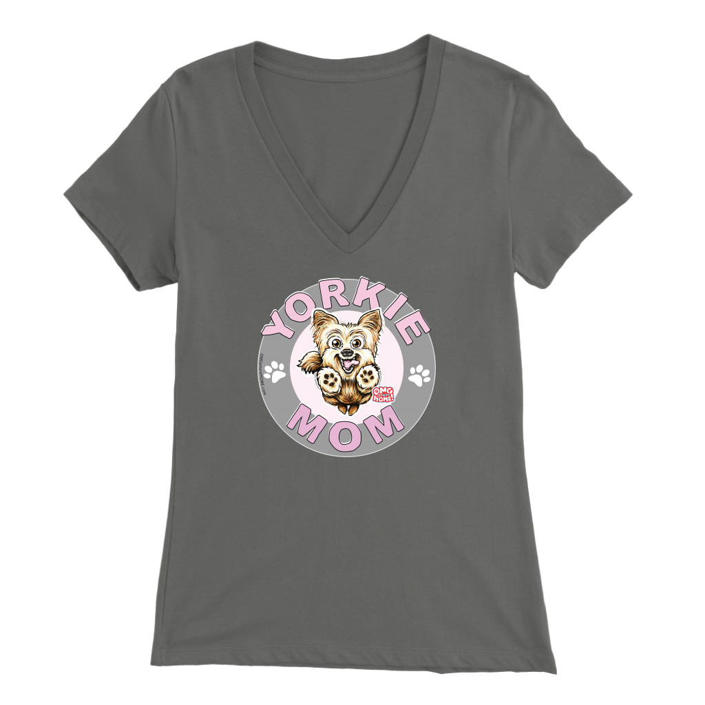 a women's grey v-neck shirt with the OMG You're Home! Yorkie dog mom design on the front