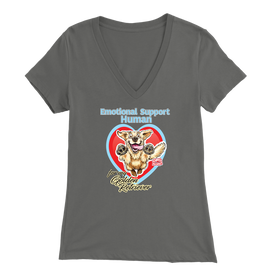 a womens soft v-neck shirt with the OMG You're Home! Golden Retriever dog design on the front