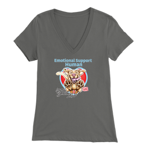 Bella Womens grey V-Neck. This comfortable shirt features the OMG You're Home German Shepherd dog design with the text "Emotional Support Human". 