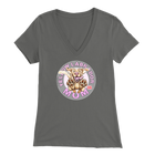 a women's grey v-neck shirt with the OMG You're Home! Yellow Labrador dog mom design on the front