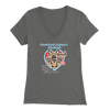 A woman's grey v-neck shirt featuring the OMG You're Home! German Shepherd dog design with the text 