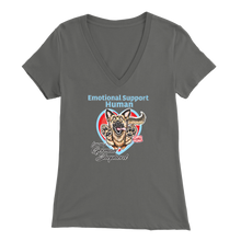 Load image into Gallery viewer, A woman&#39;s grey v-neck shirt featuring the OMG You&#39;re Home! German Shepherd dog design with the text &quot;Emotional Support Human&quot;.