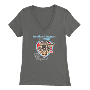 A woman's grey v-neck shirt featuring the OMG You're Home! German Shepherd dog design with the text "Emotional Support Human".