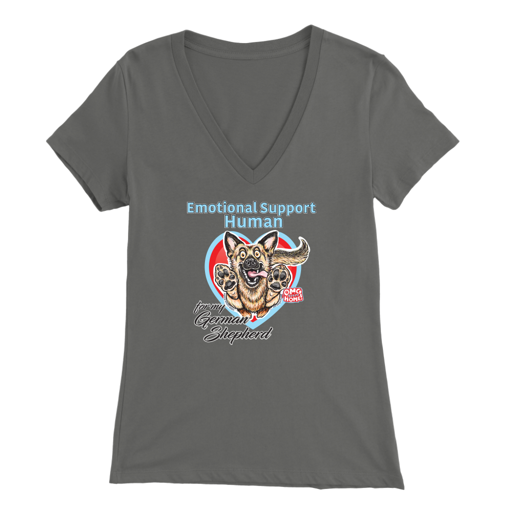 A woman's grey v-neck shirt featuring the OMG You're Home! German Shepherd dog design with the text 