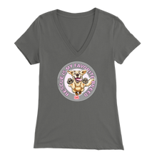 Load image into Gallery viewer, a womens grey v-neck shirt featuring the original Golden Retriever dog artwork by OMG You&#39;re Home!