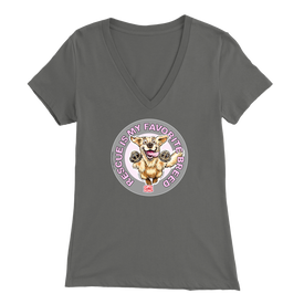 a womens grey v-neck shirt featuring the original Golden Retriever dog artwork by OMG You're Home!