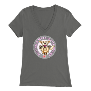 a womens grey v-neck shirt featuring the original Golden Retriever dog artwork by OMG You're Home!