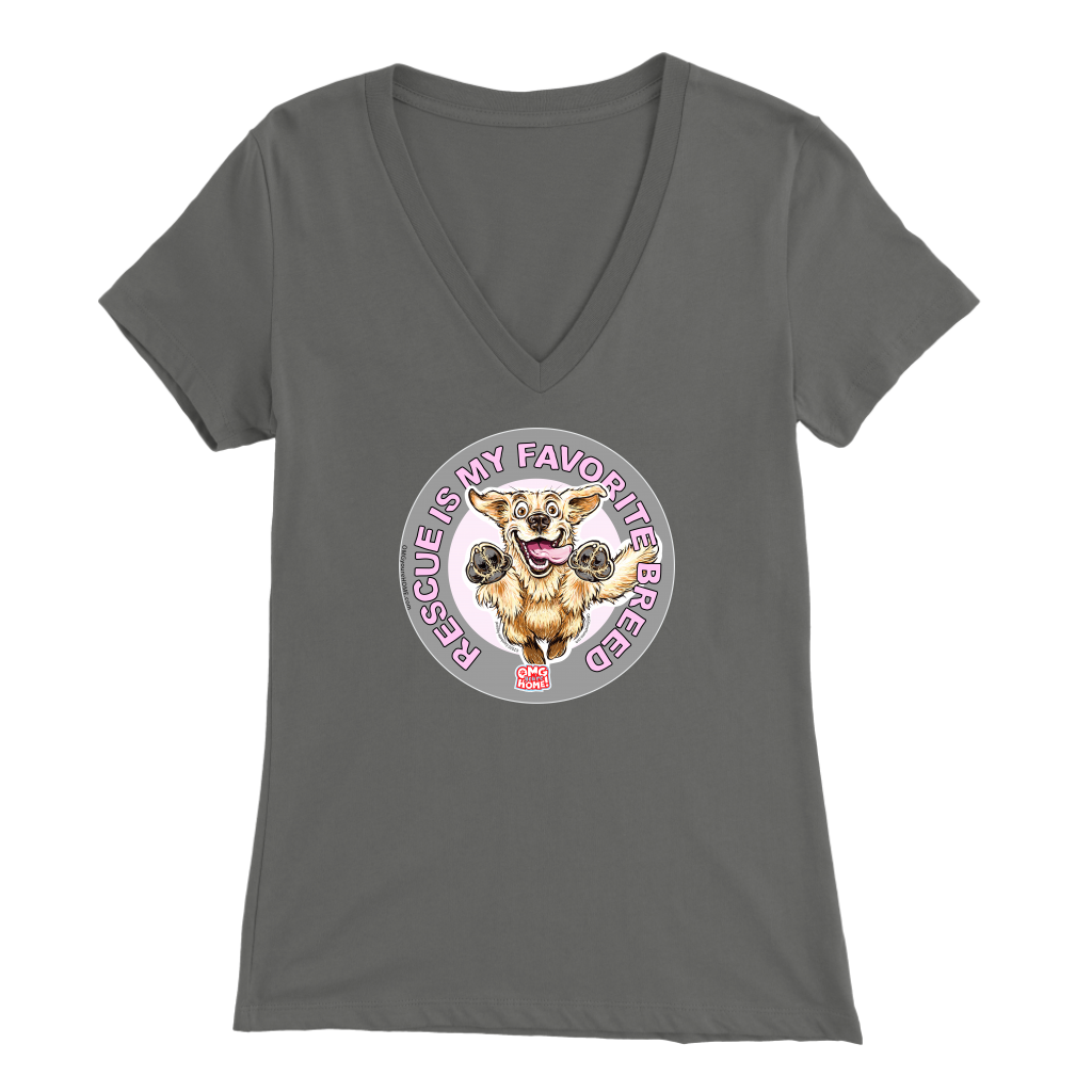 a womens grey v-neck shirt featuring the original Golden Retriever dog artwork by OMG You're Home!