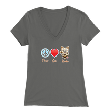 Load image into Gallery viewer, Grey Bella Womens V-Neck Shirt featuring the Peace Love Yorkie dog design from OMG You&#39;re HOME!